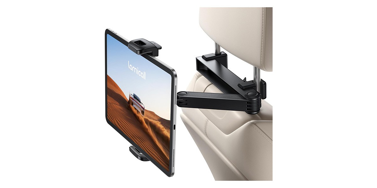 A tablet holder holding an iPad on the back of a car headrest