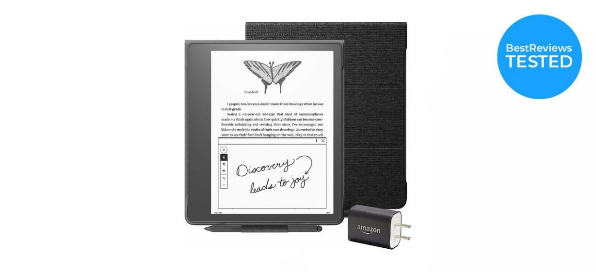 a kindle scribe, a kindle pen, a kindle scribe cover and a power adapter a kindle scribe, a kindle pen, a kindle scribe cover and a power adapter
