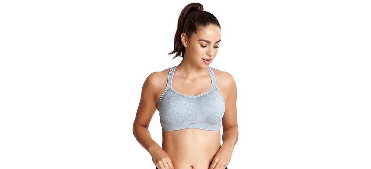 Person wearing gray sports bra