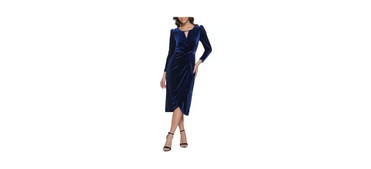 Best Kensie Velvet Faux-Wrap Long-Sleeve Dress