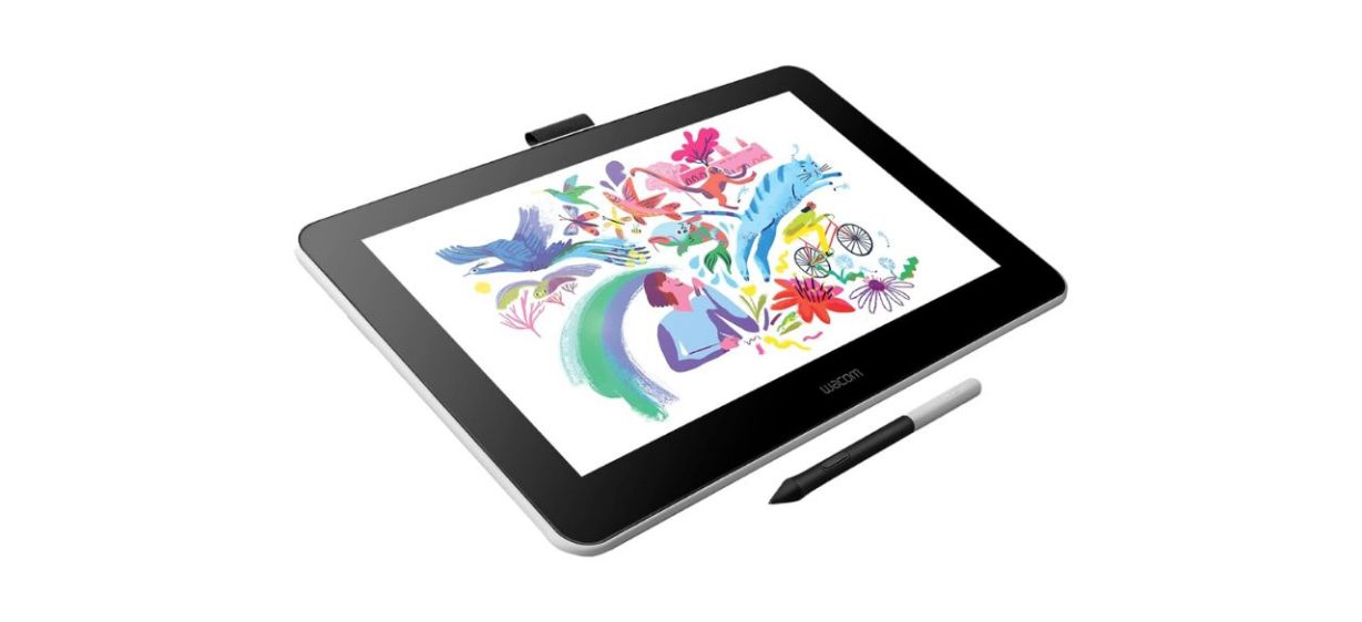 Wacom One Drawing Tablet with Screen and stylus on white background