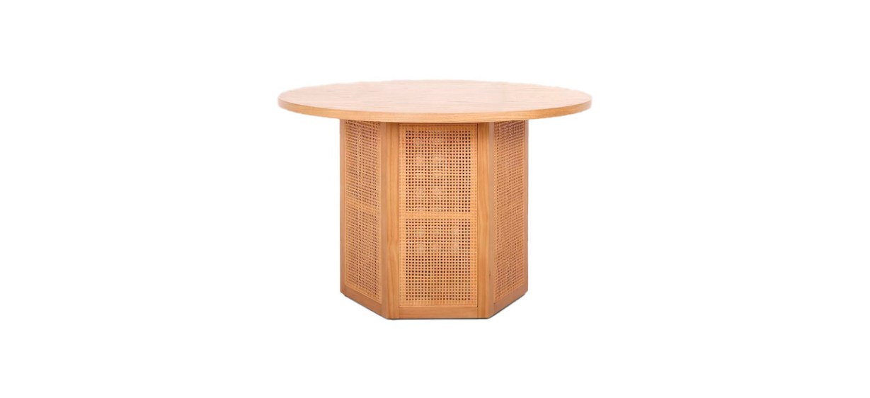 Threshold Tormod Round Dining Table Brown with a hexagonal base