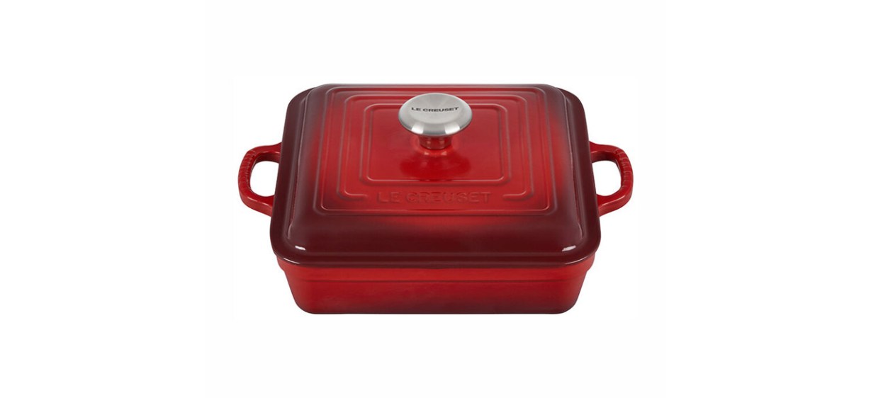 Red Le Creuset Square Cocotte with Lid on white background
