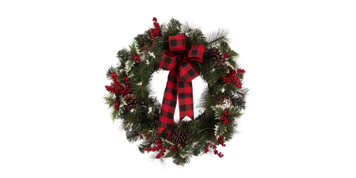 Glitzhome 24&quot; Pre-Lit Buffalo Check Bow, Berry, Holly &amp; Pinecone LED Wreath